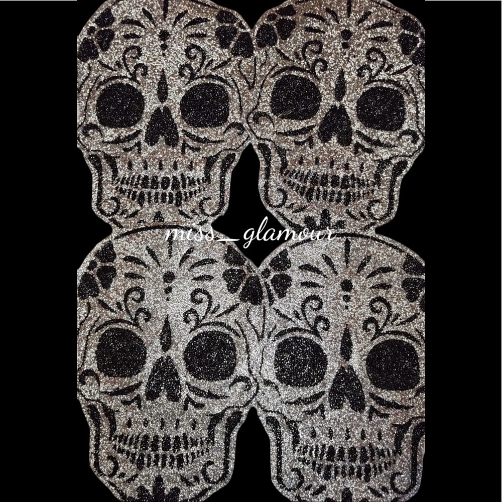 4x Luminous Sparkles Home Halloween Sugar Skull Rhinestone Silver Placemats Set